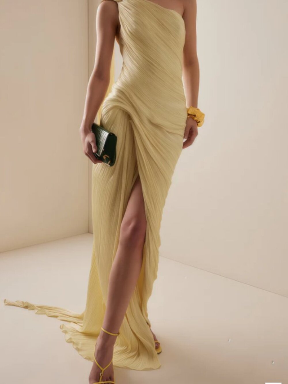 Miss Rosier Meissa Butter Yellow Asymmetrical Ruched Maxi Dress
